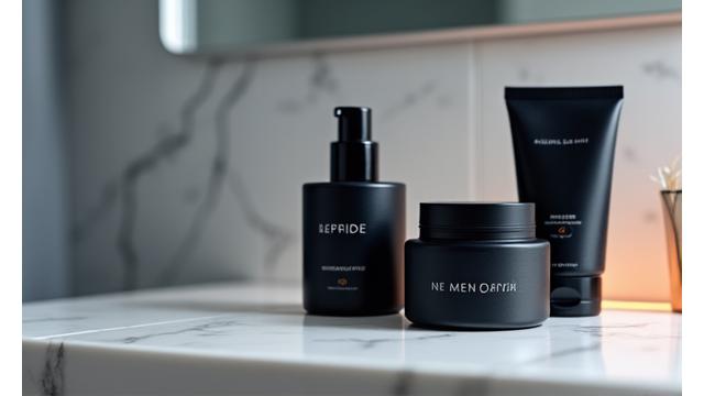 モダンな洗練されたパッケージのメンズスキンケア製品が、ミニマリストなバスルームのカウンターに並べられている。