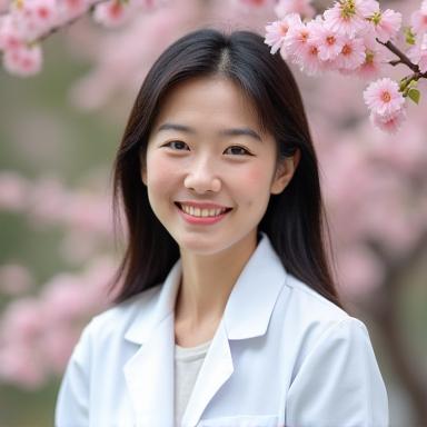 穏やかな笑顔で、清潔感のある白いラボコートを着用したサクラエッセンス代表取締役 田中美咲のポートレート。背景にはぼのかした桜の花。