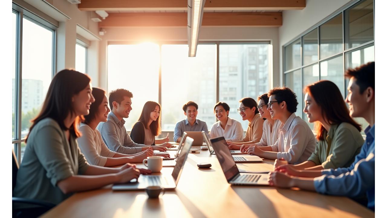 サクラエッセンスのモダンなオフィスで、多様なチームメンバーが笑顔で活発にディスカッションしている。全員が高揚しており、クリエイティブな雰囲気に満ちている。