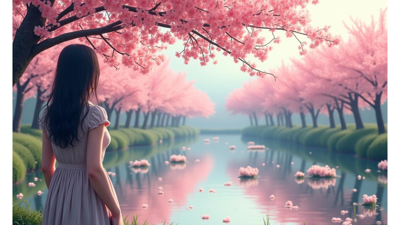 新緑の桜の木の下で、水面に桜の花びらが浮かぶ池を眺める女性の背中。日本の美と自然が調和した光景。