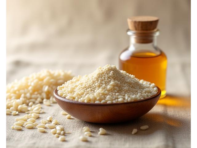 きめ細やかな米ぬかが、和紙の上に美しく広げられ、隣には米ぬか由来のオイルが試験管に入っている様子。自然で素朴な美しさ。